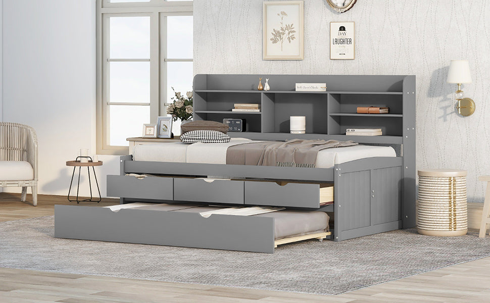 Twin Size Wooden Captain Bed with Built-in Bookshelves,Three Storage Drawers and Trundle Light Grey