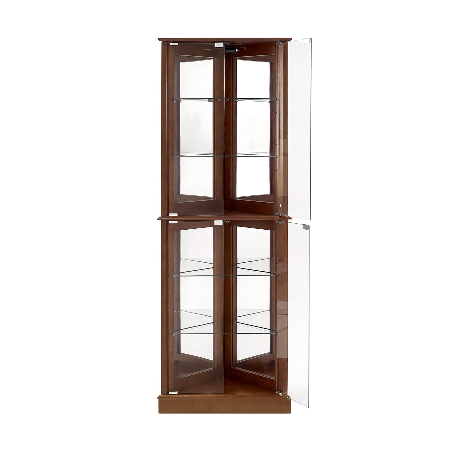 Corner Curio Dispaly Cabinet with Lights, Adjustable Tempered Glass Shelves, Mirrored Back,Walnut(E26 light bulb not included)