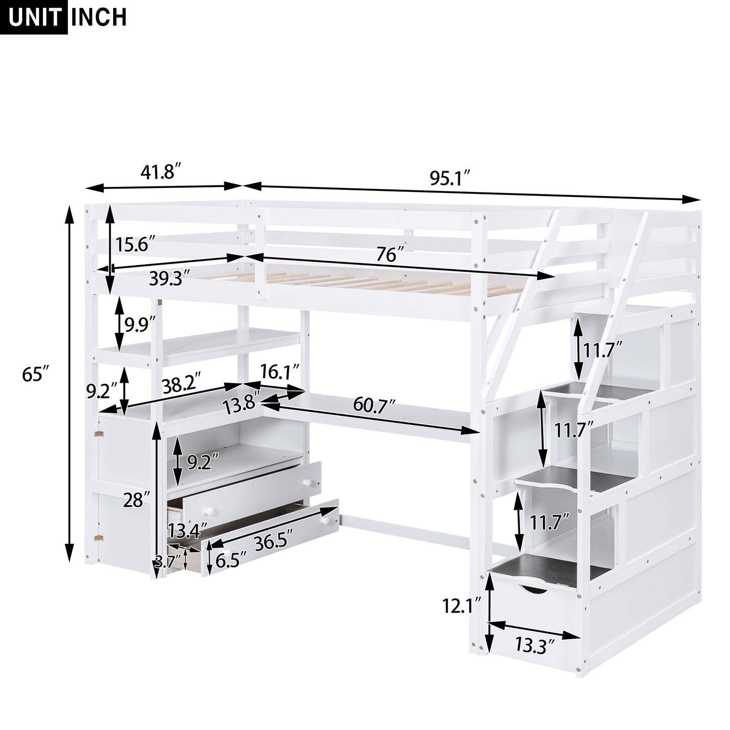 Twin Size Loft Bed with Desk and Shelves  Two Built-in Drawers  Storage Staircase White