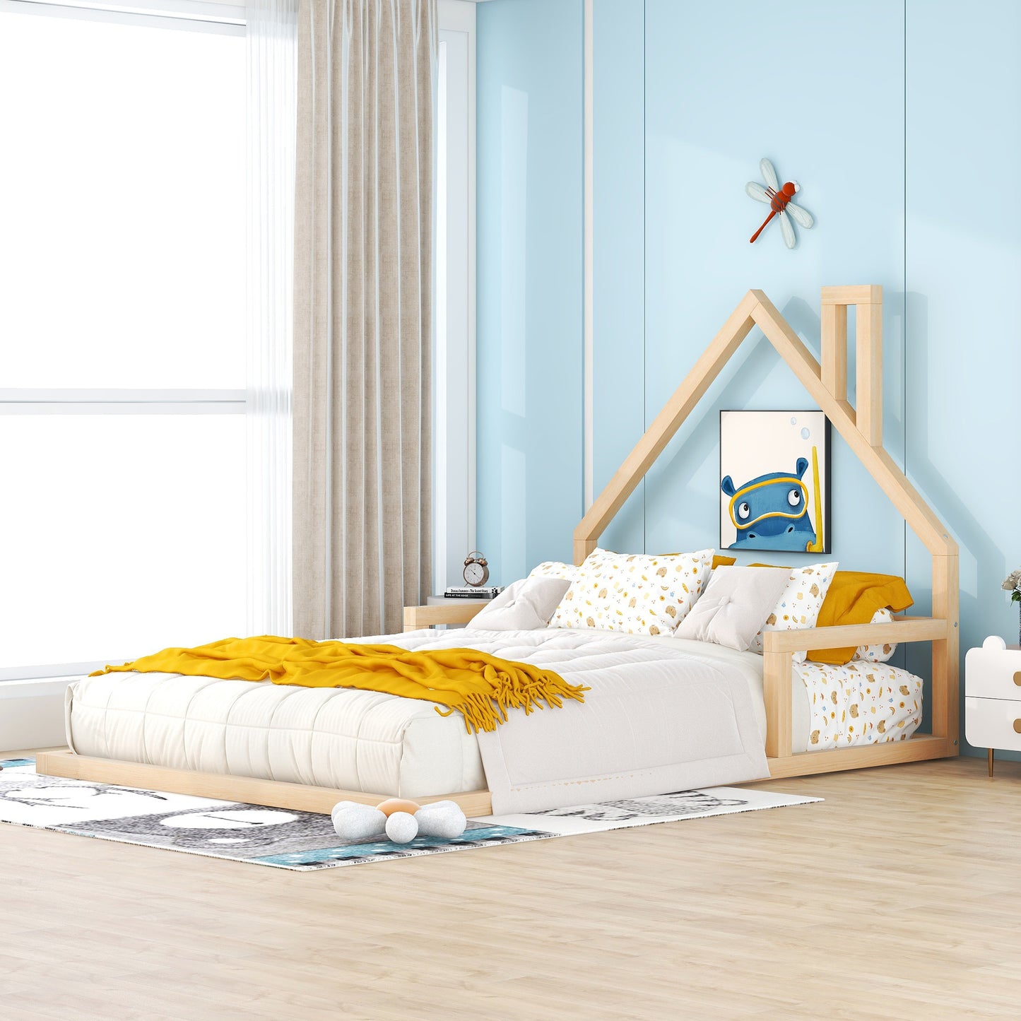 Full Size Wood Floor Bed with House-shaped Headboard  Natural