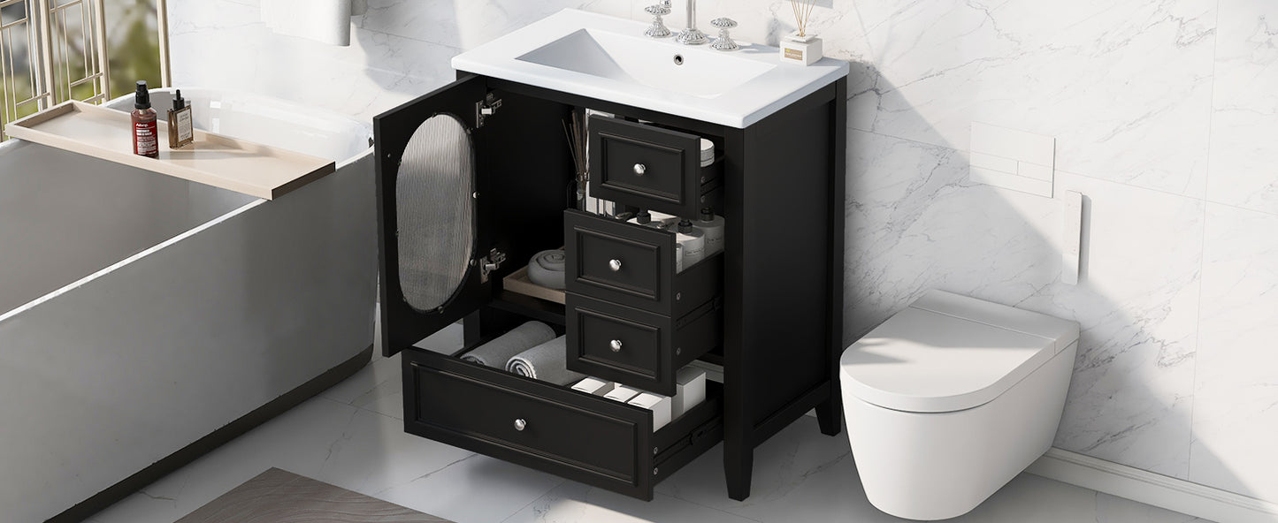 Bathroom Vanity with Sink, Bathroom Vanity Cabinet with Three Drawers and Door, Solid Wood and MDF, Black