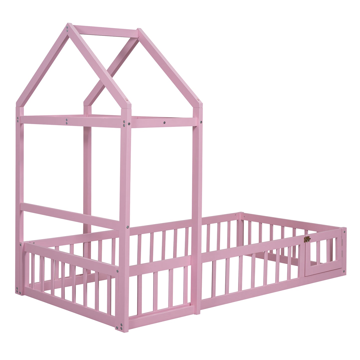 Wooden Twin Size Children's Bed with Detachable Headboard and Integrated Clothes Drying Rack, Pink