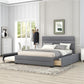 Queen Upholstered Platform Bed with Twin Size Trundle and Two Drawers Grey