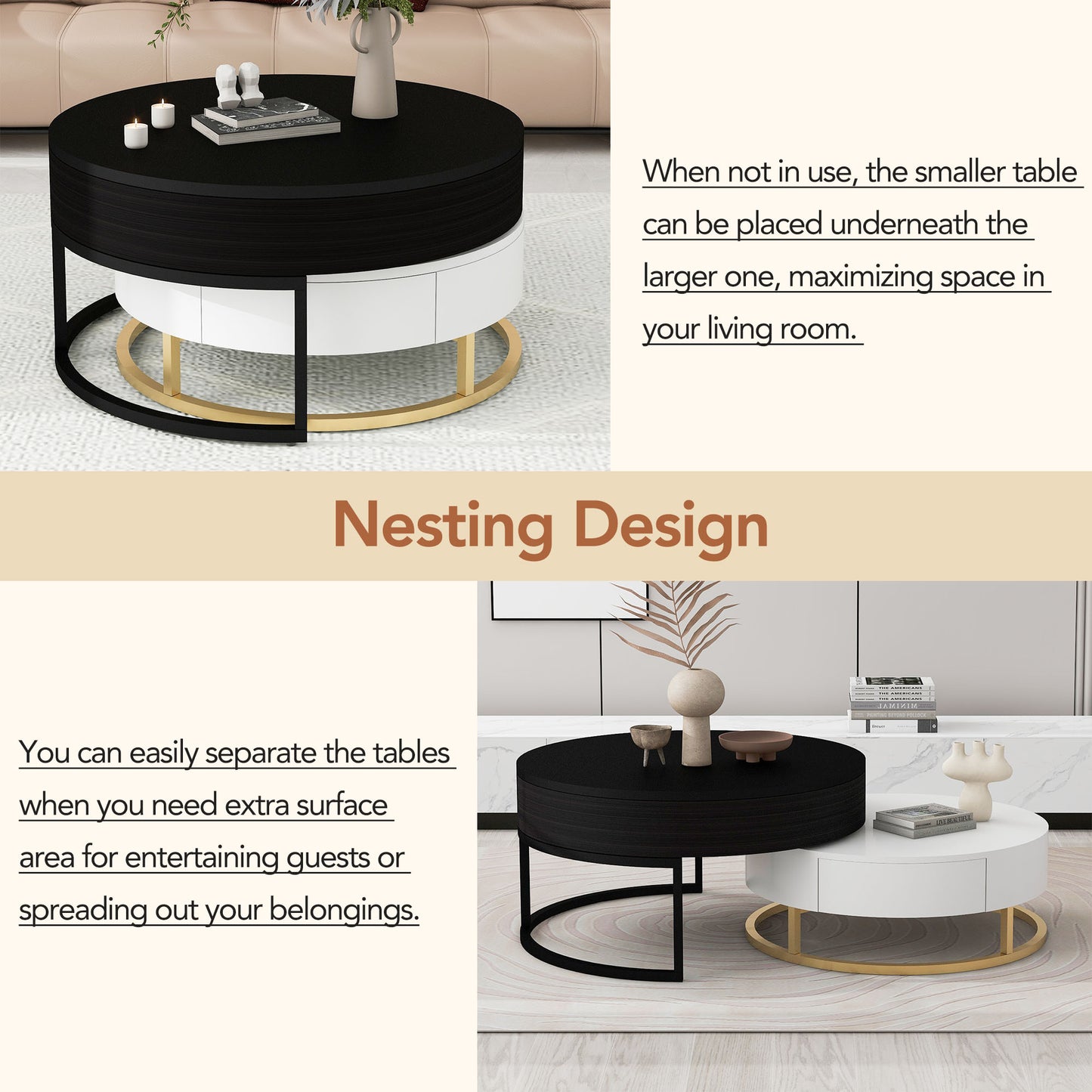 Modern Round Lift-Top Nesting Coffee Tables with 2 Drawers, White and Black Finish