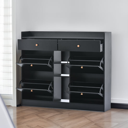 ONTREND modern shoe cabinet with 4 flipped drawers, multifunctional double-layer shoe storage with drawers, black.