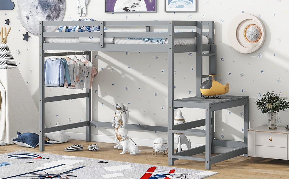 Twin High Loft Bed with Ladder landing Platform, Ladders, Guardrails,Grey