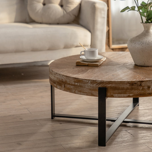 Modern Retro Round Coffee Table with Fir Wood Tabletop and Cross-Leg Metal Base