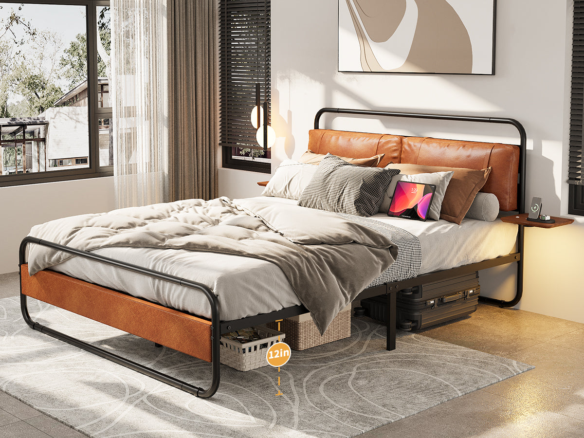 King Size Metal Bed Frame with Upholstered Headboard, with wireless charging and USB A & USB C, Touch LED light Vintage Brown