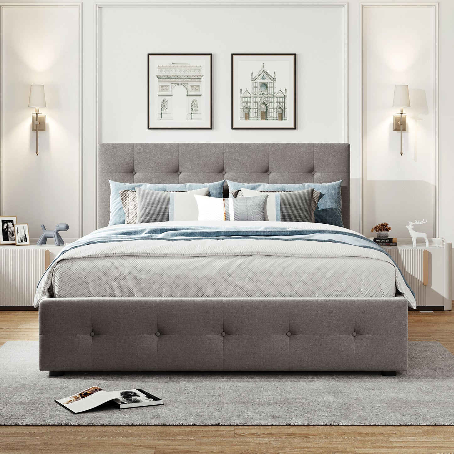 Upholstered Platform Bed with 2 Drawers and 1 Twin XL Trundle Linen Fabric Queen Size - Light Gray