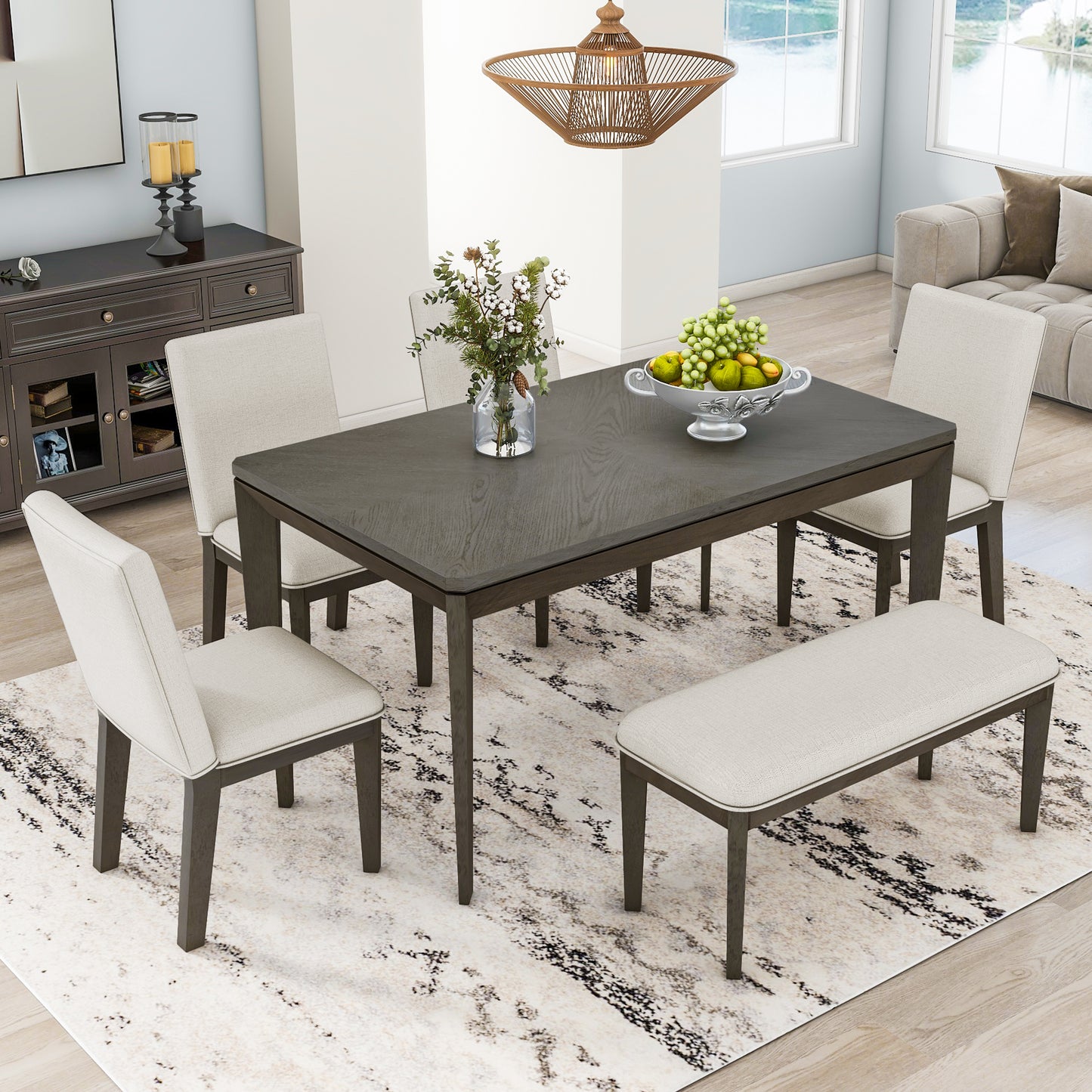 Juego de mesa de comedor TOPMAX de 6 piezas con sillas y banco tapizados, patas cónicas estilo rústico, gris oscuro y beige