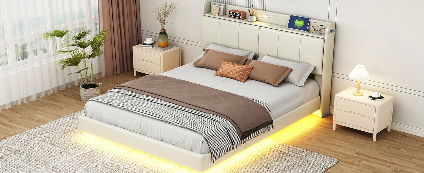 Large floating bed frame with storage headboard, touch sensor, night light and USB charger, padded platform bed, beige color