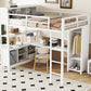 Metal loft bed with wardrobe and L-shaped desk, full-size loft bed with storage cabinet and shelf, white