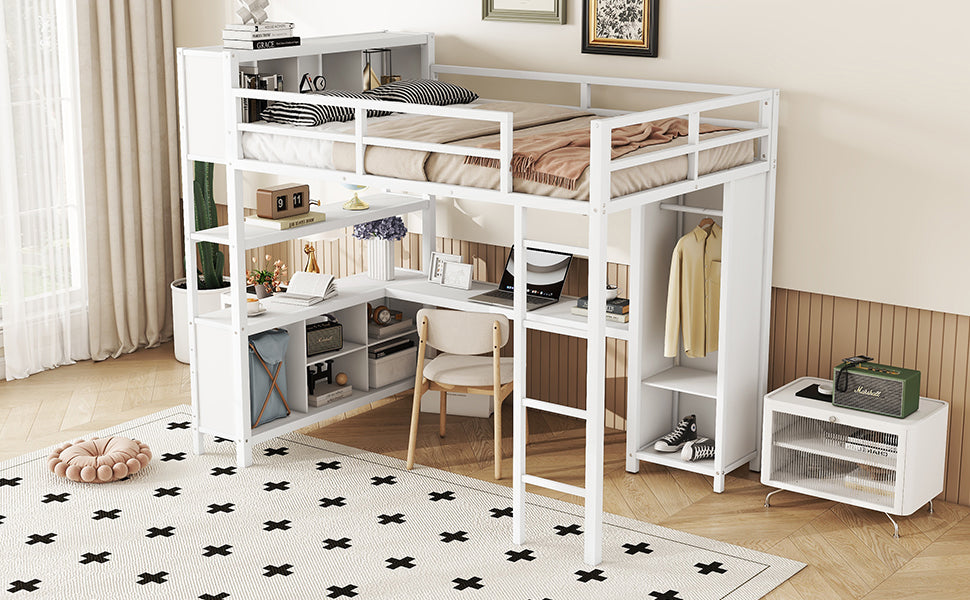 Metal loft bed with wardrobe and L-shaped desk, full-size loft bed with storage cabinet and shelf, white