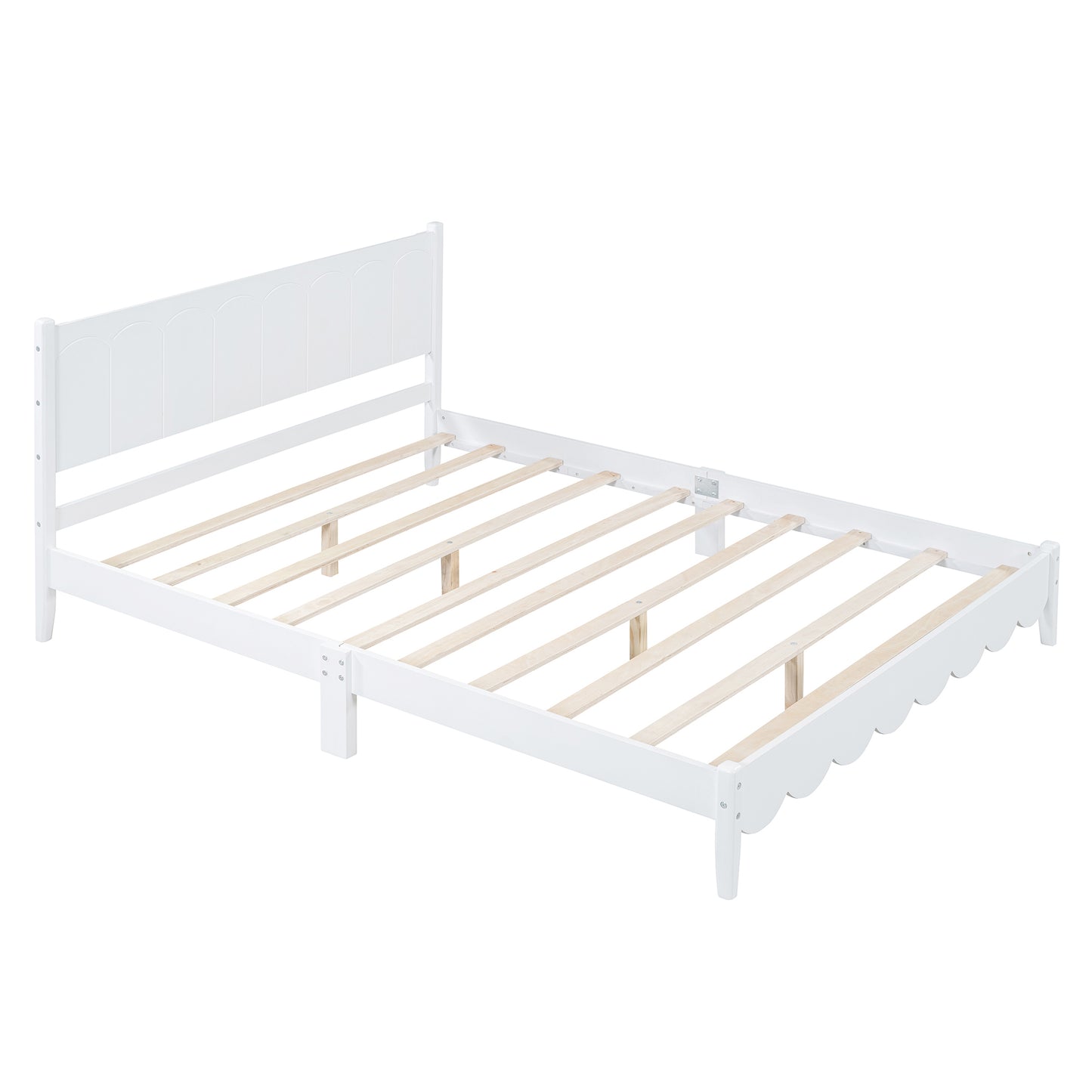 Queen Size Wood Platform Bed Frame, Retro Style Bed with Rectangular Headboard,No Need Box Spring,White