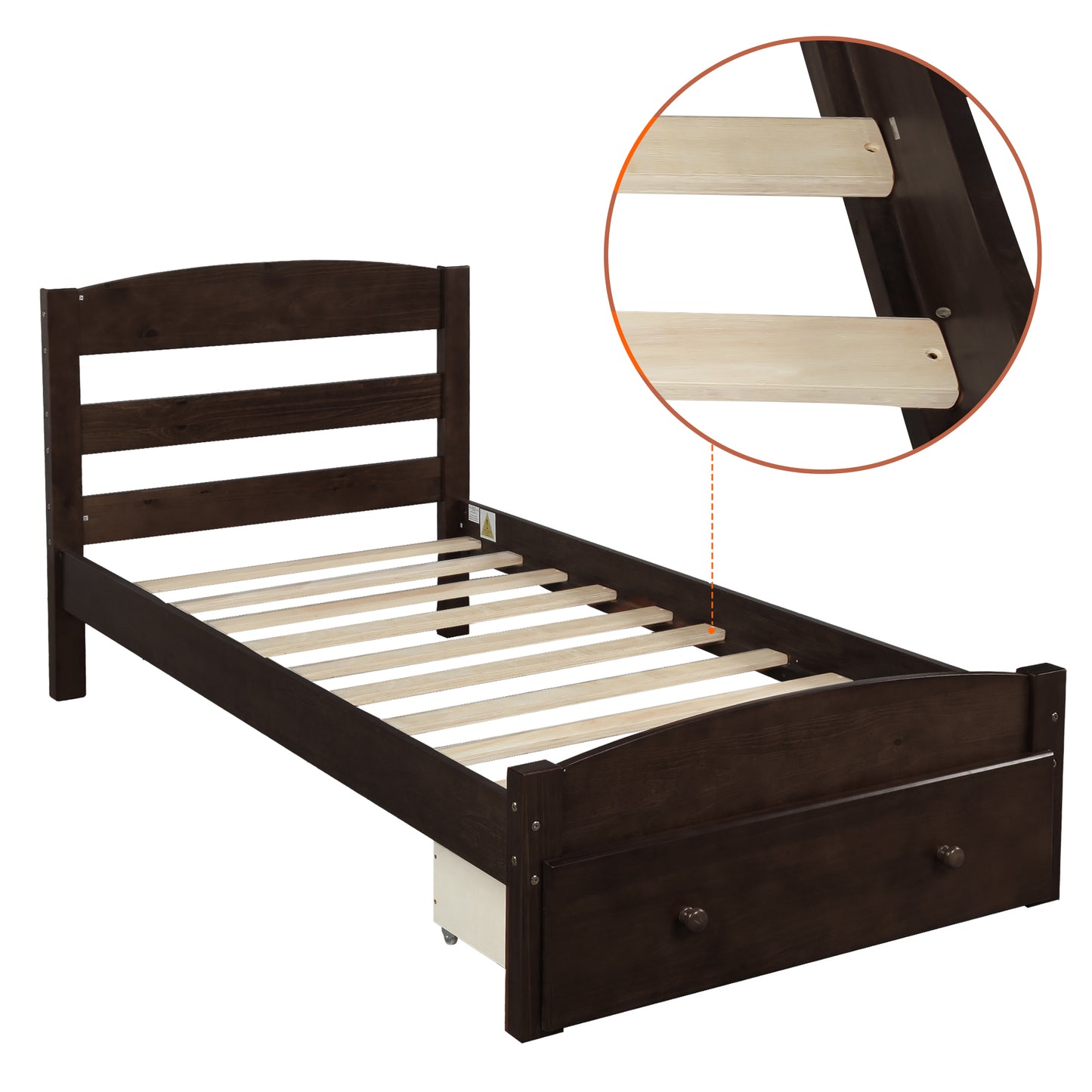 Platform Twin Bed Frame with Storage Drawer and Wood Slat Support No Box Spring Needed Espresso