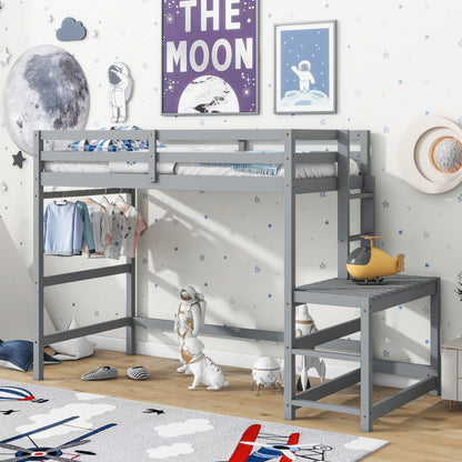 Twin High Loft Bed with Ladder landing Platform, Ladders, Guardrails,Grey