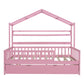 Wooden Full Size House Bed with Twin Size Trundle Kids Bed with Shelf Pink