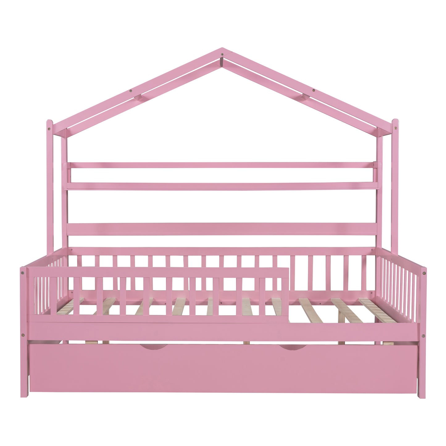 Wooden Full Size House Bed with Twin Size Trundle Kids Bed with Shelf Pink