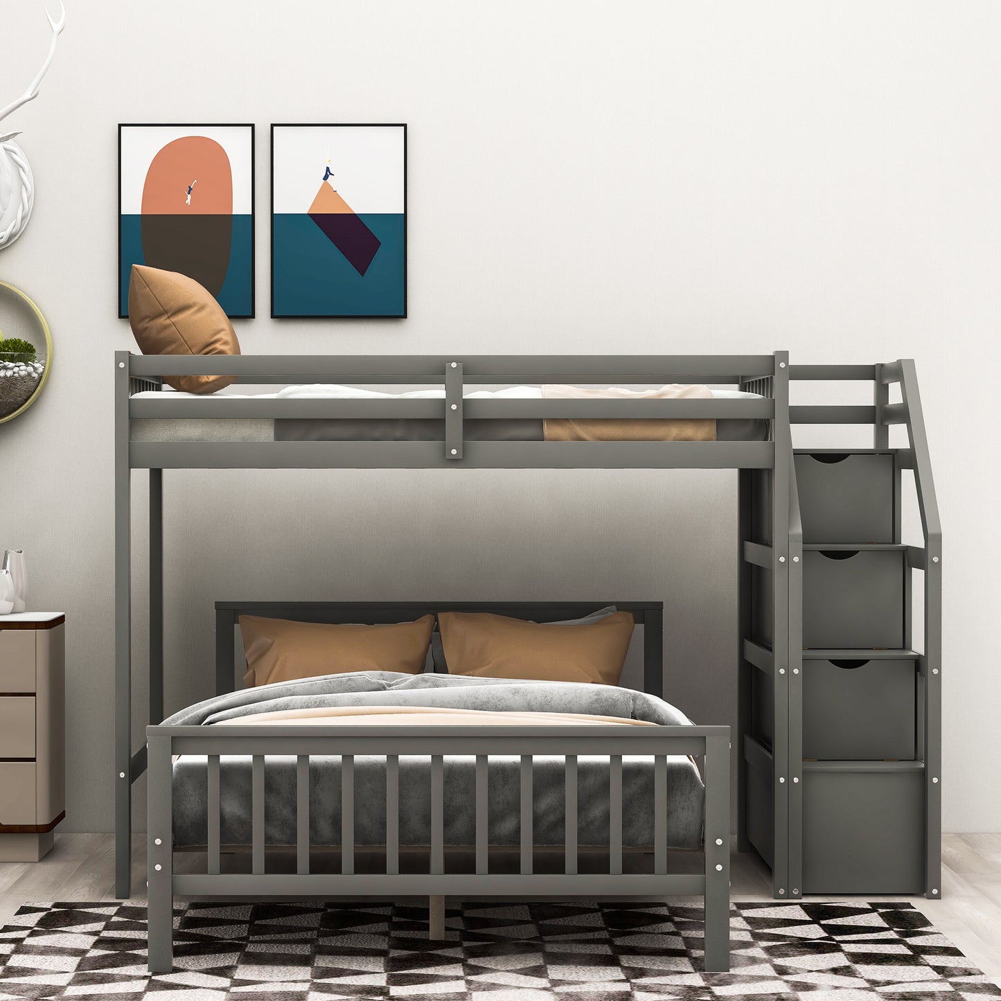 Twin over Full Loft Bed with Staircase Gray