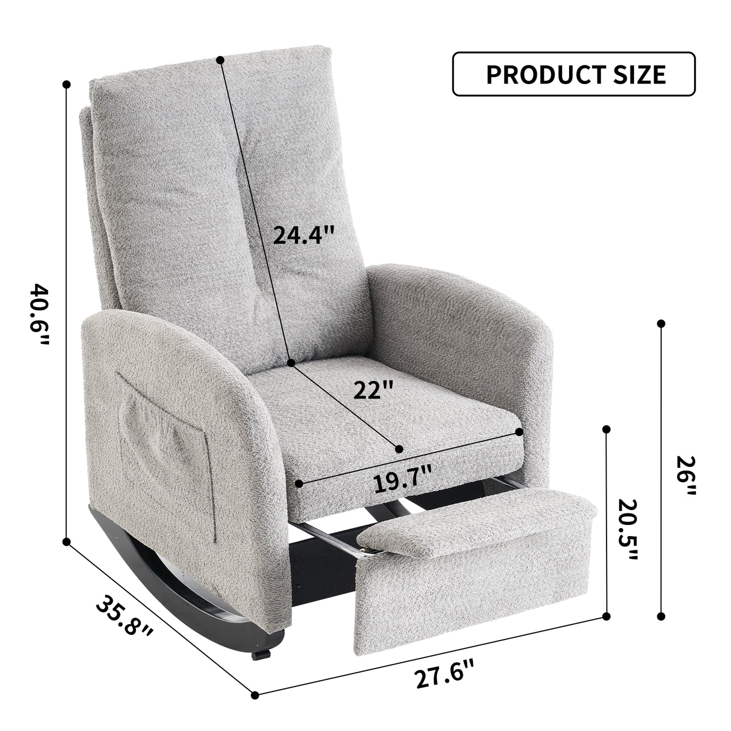 Sillón mecedor con reposapiés, diseño de respaldo alto y patas de madera de caucho para dormitorios y espacios de estar