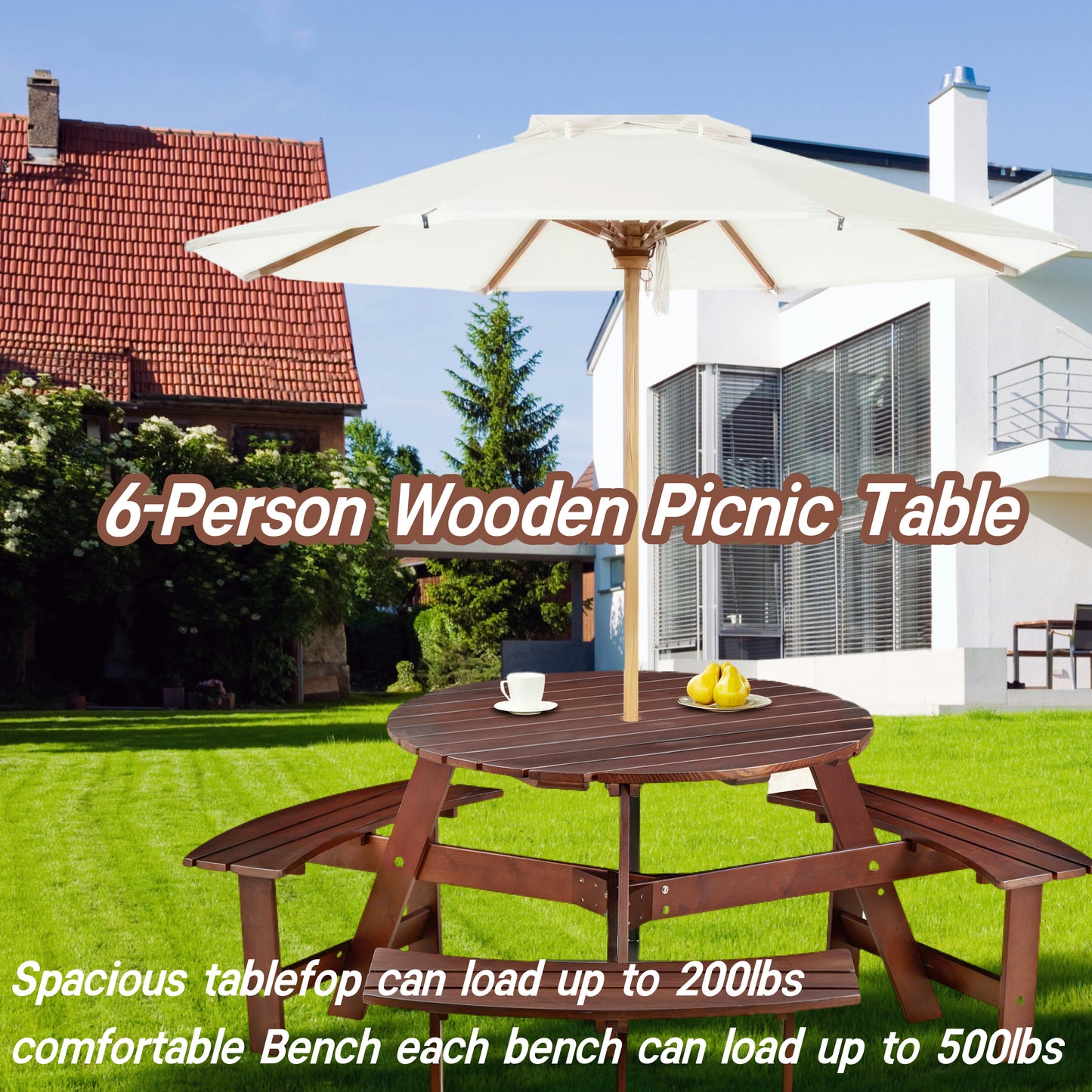 6-Person Circular Picnic Table with 3 Built-In Benches and Umbrella Hole, Brown Finish