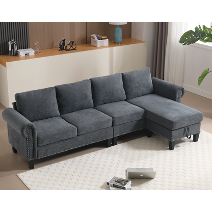 Convertible Sectional Sofa with Storage, L-Shaped Design in Modern Linen Fabric, Gray for Living Rooms