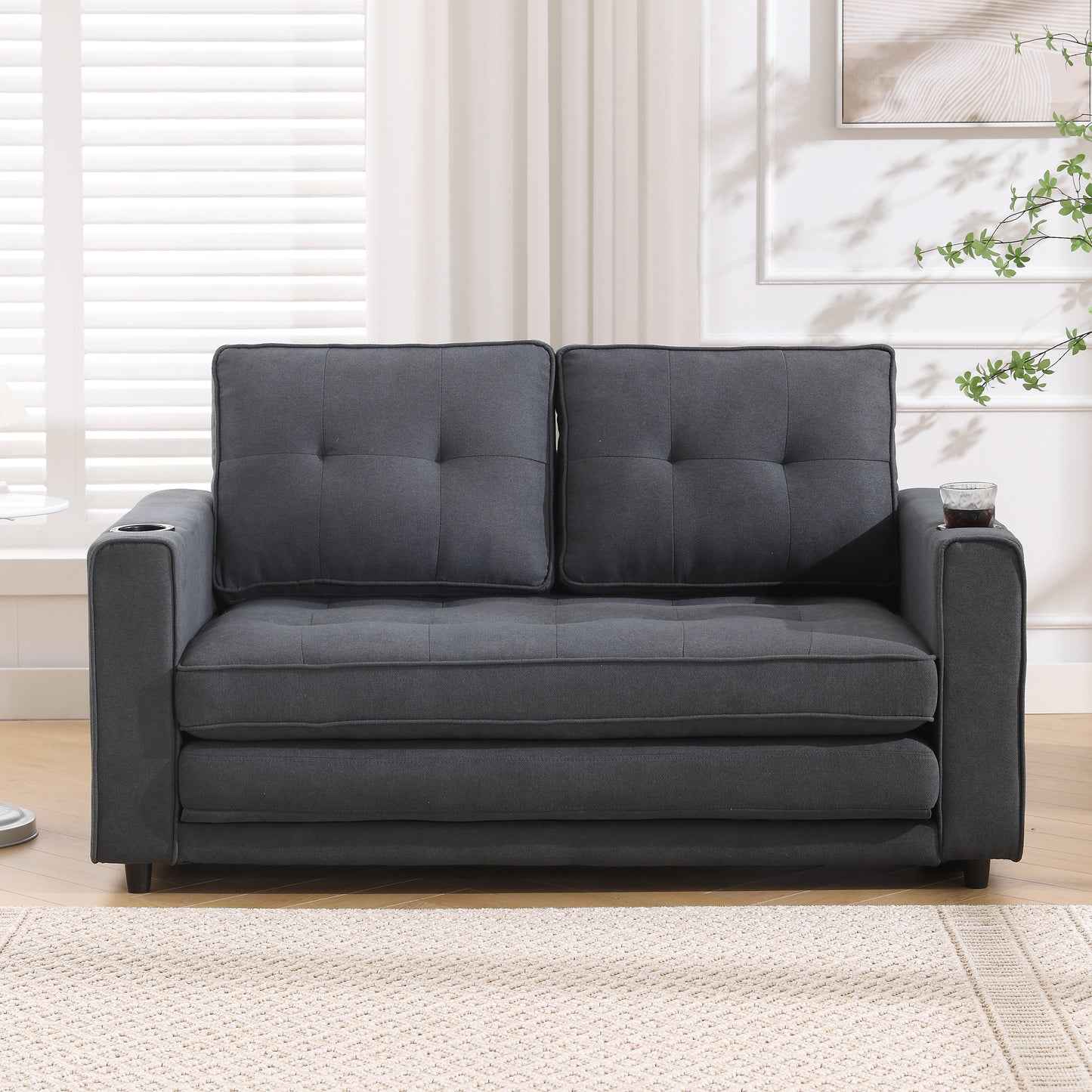 Three in one soft cushion cushion cushion sofa, folding mattress sofa bed, with side pockets and cup holder, dark gray