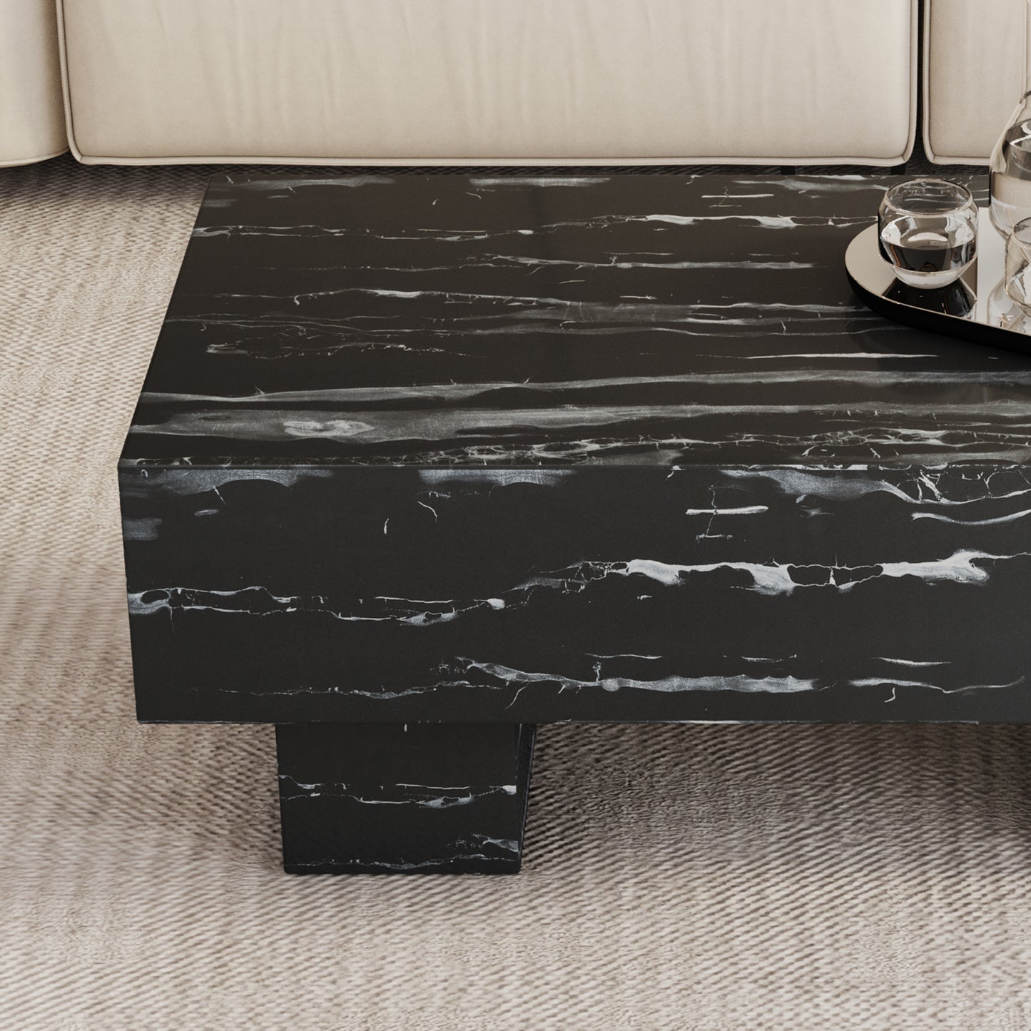 The black coffee table has patterns Modern rectangular table suitable for living rooms and apartments