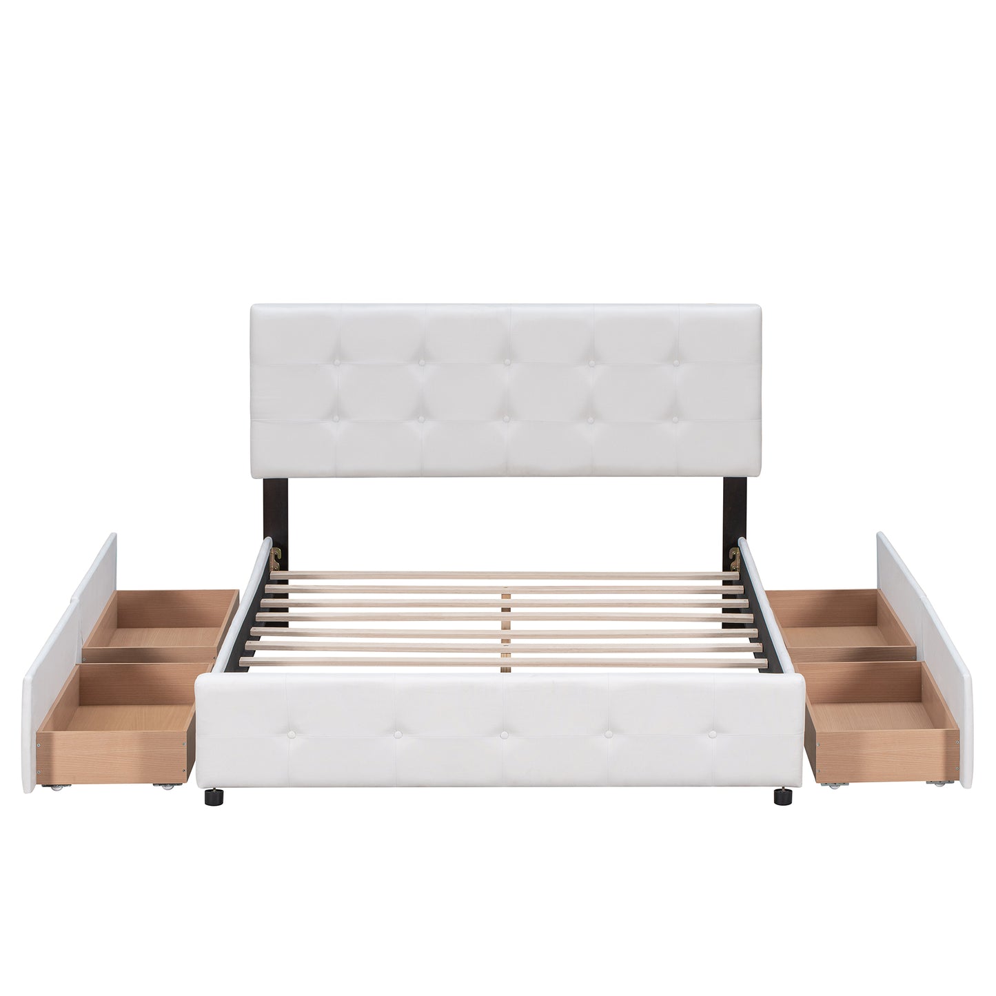 Upholstered Platform Bed with Classic Headboard and 4 Drawers No Box Spring Needed Linen Fabric Queen Size White