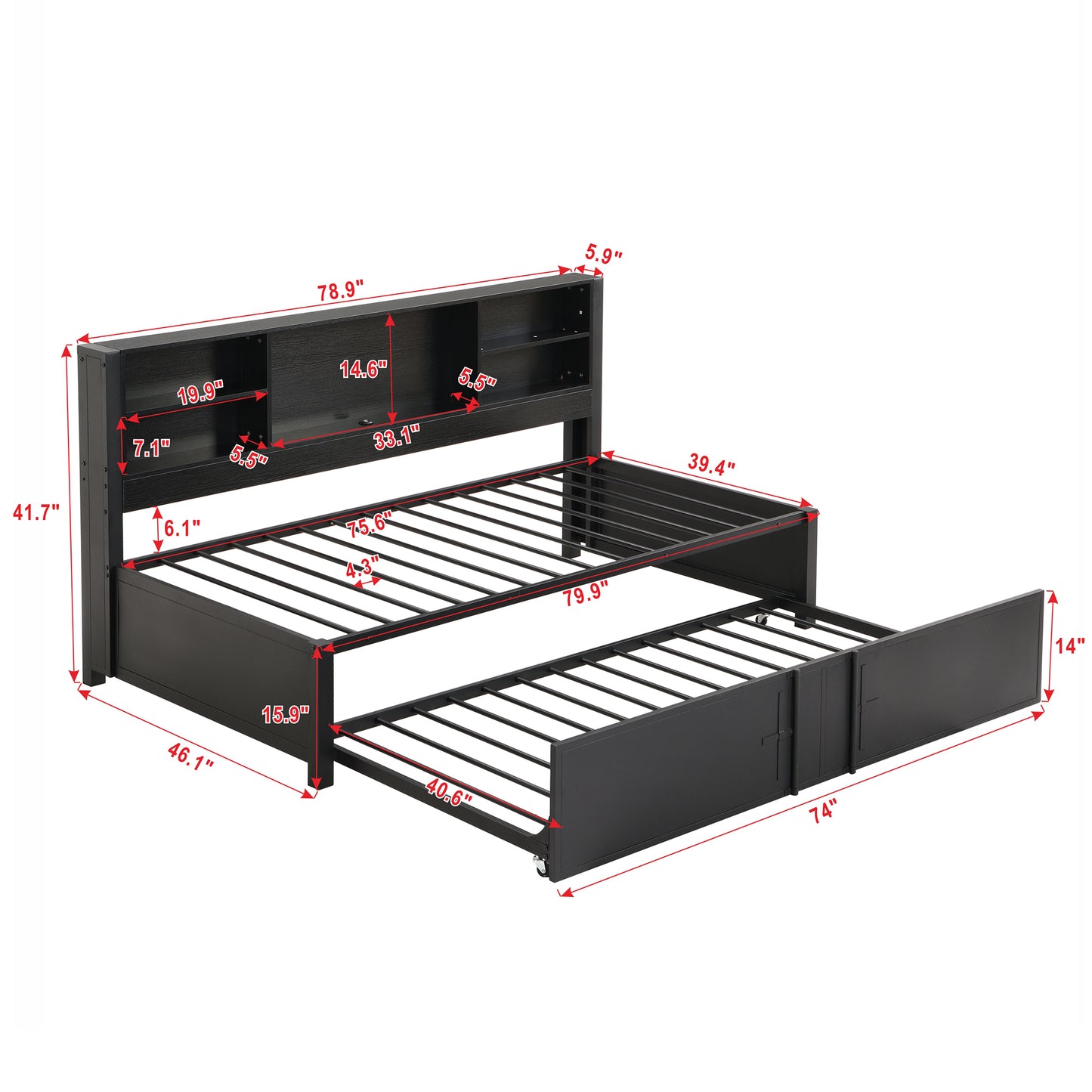 Metal Twin Size Daybed with Twin Size Trundle  Storage Shelves and USB Ports  Black