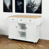 Kitchen trolley with rubber wood leaf countertop, 5-wheel kitchen island, storage cabinet and 3 dining drawers, white