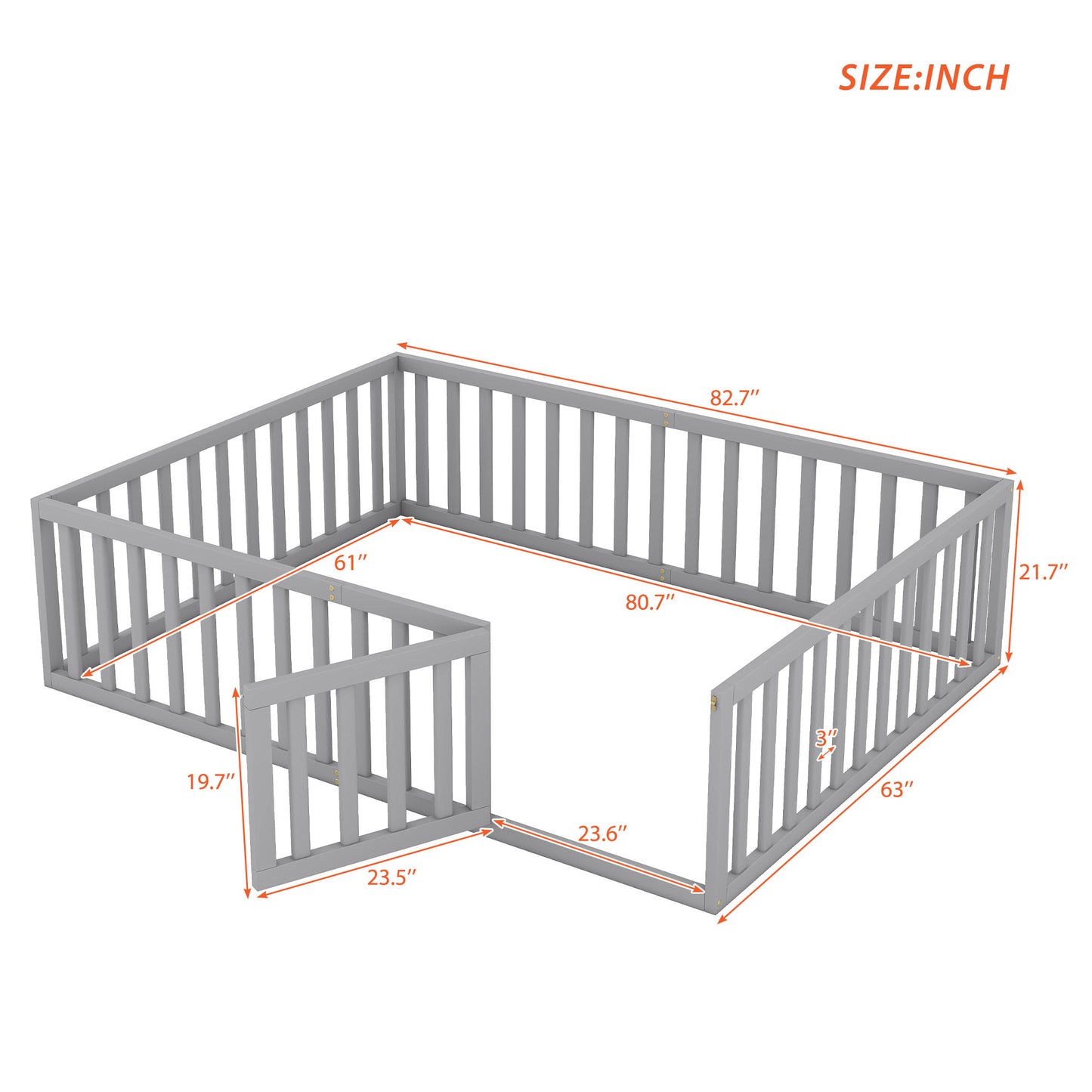 Queen Size Wood Floor Bed Frame with Fence and Door Gray(OLD SKU:WF289663AAE)