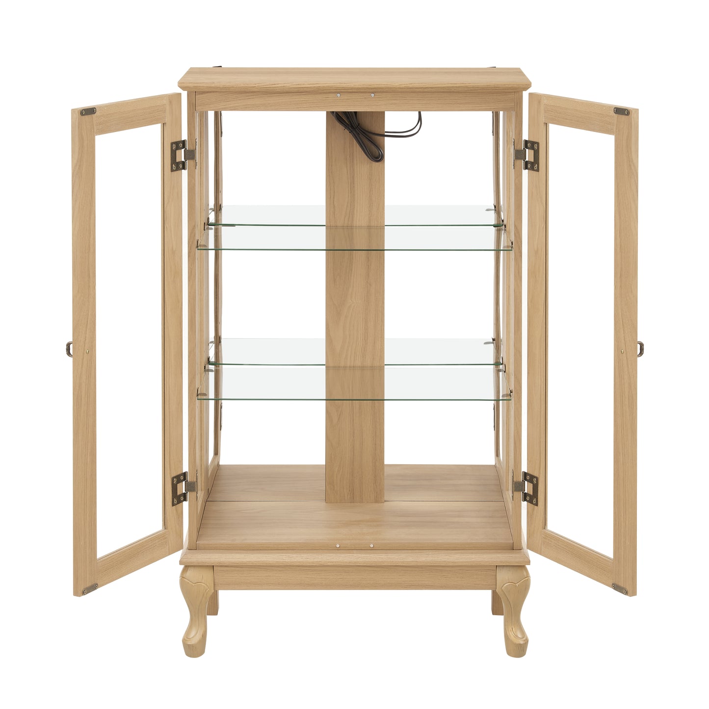 Dual door Curio cabinet with tempered glass doors, mirrored back panel and adjustable shelves, home lighting display cabinet Oak