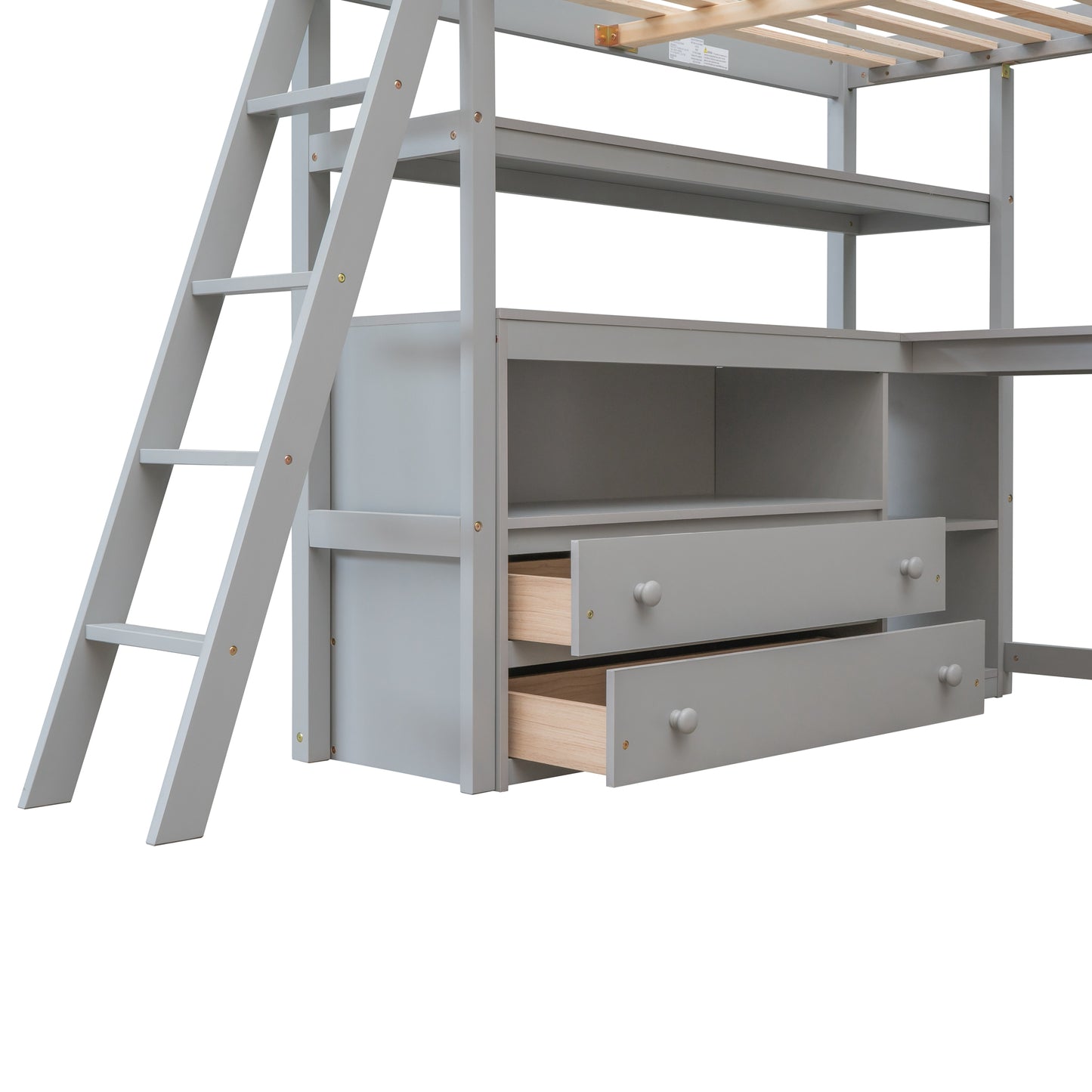 Full Size Loft Bed with Desk and Shelves,Two Built-in Drawers Gray