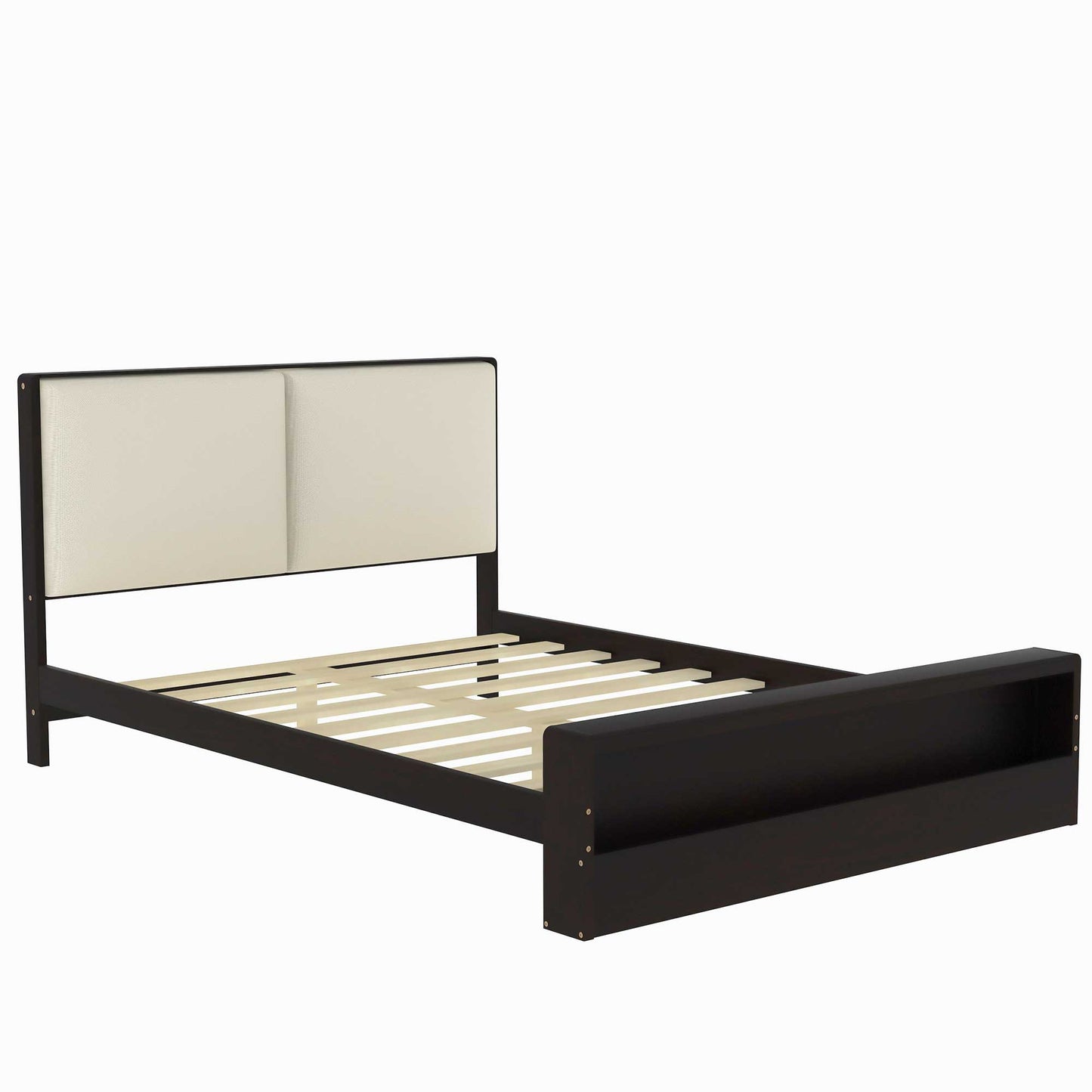 Queen Size Platform Bed Frame with Upholstery Headboard and Bookshelf in Footboard and LED Light Strips, Espresso