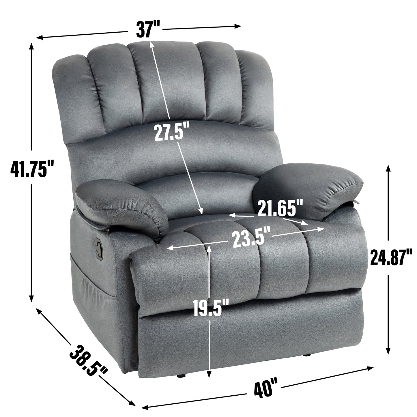 Large Manual Recliner Chair in Fabric, Comfortable Design for Living Rooms, Grey