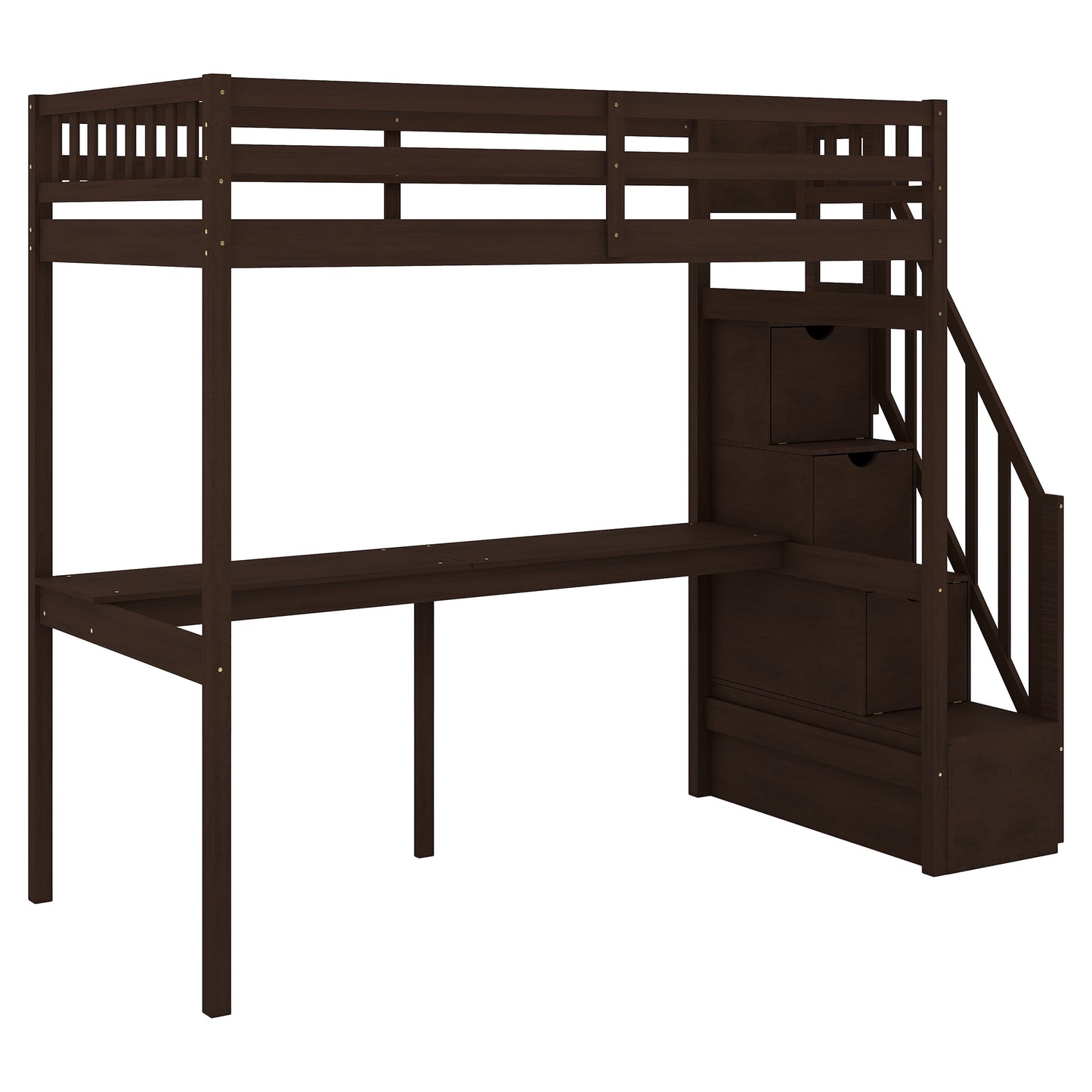 Twin Size Loft Bed with Storage Staircase and Built-in Desk Espresso