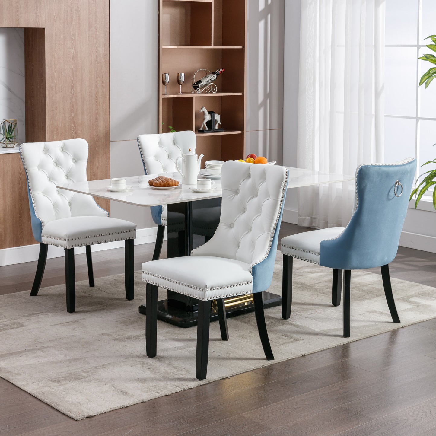 A&A Furniture Nikki Collection Modern High-end Tufted Solid Wood Contemporary PU 2-Pcs Set White+Light Blue