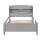 Wood Twin Size Platform Bed with Built-in LED Light  Storage Headboard and Guardrail Antique Grey