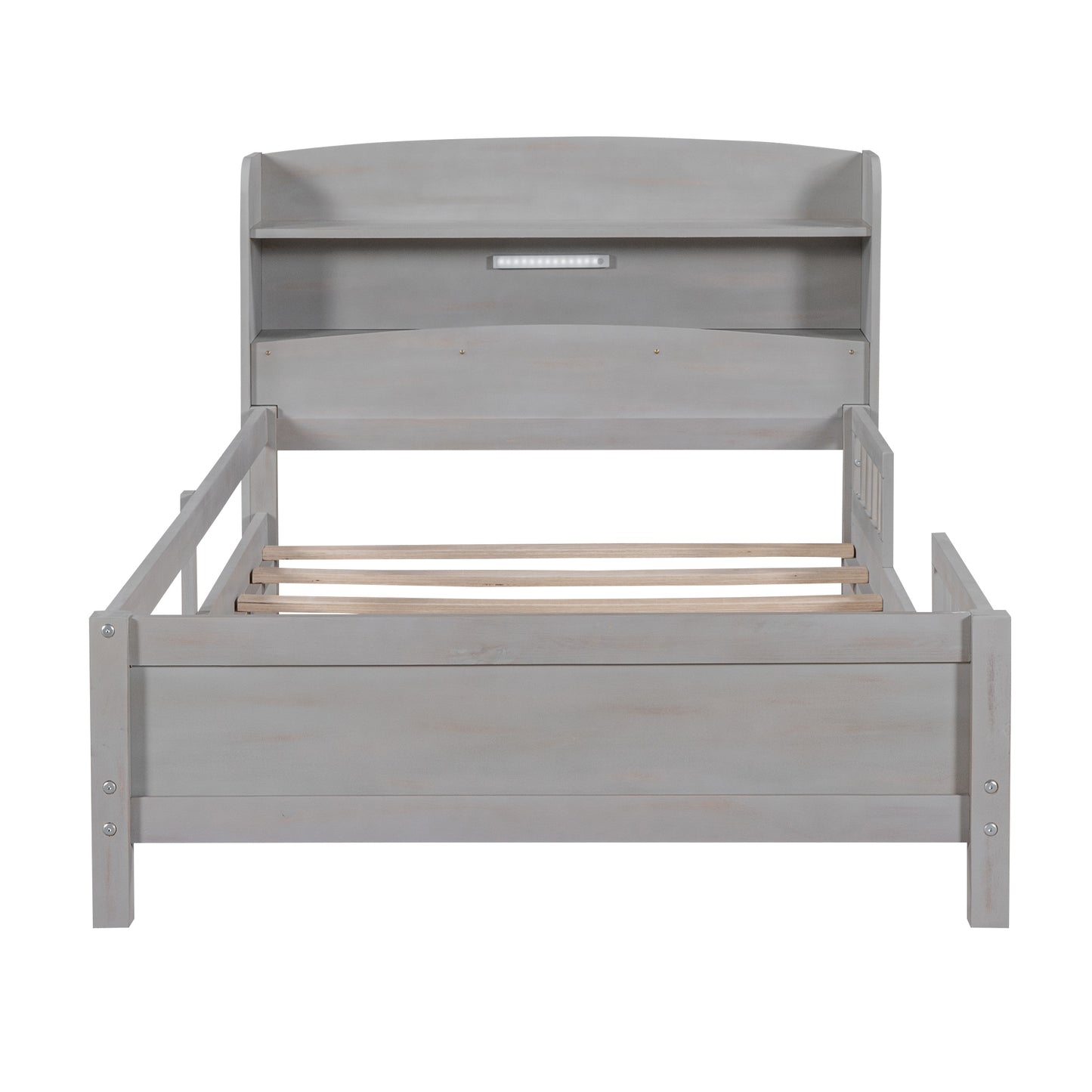 Wood Twin Size Platform Bed with Built-in LED Light  Storage Headboard and Guardrail Antique Grey