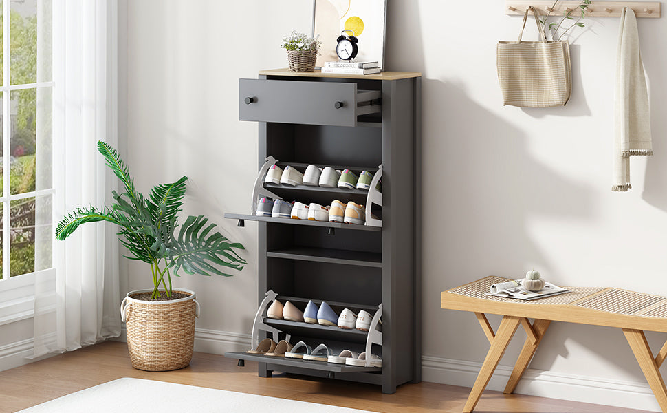 ONTREND functional with 2 flipped drawers, top shoe cabinet with adjustable panel, independent shoe rack, gray