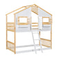 Twin over Twin House Bunk Bed with Roof , Window, Window Box, Door , with Safety Guardrails and Ladder, Natural/White