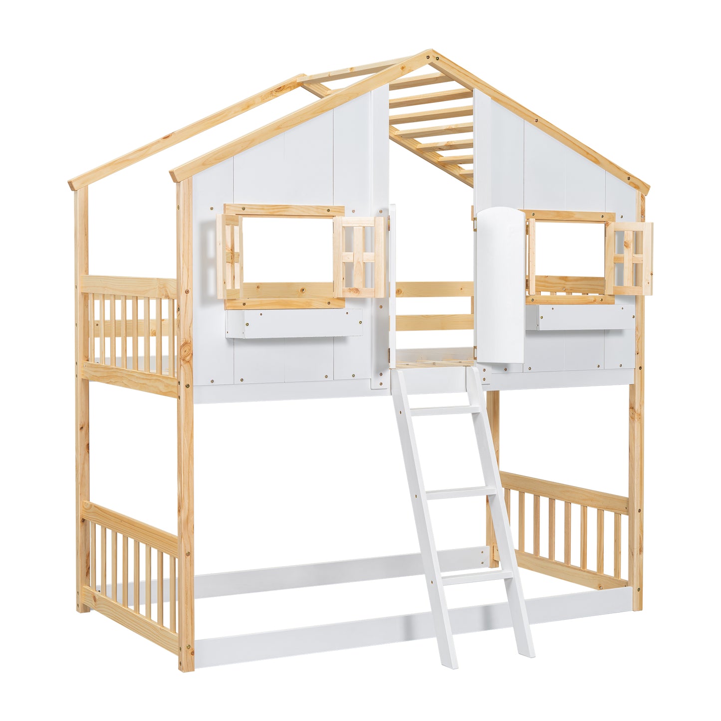 Twin over Twin House Bunk Bed with Roof , Window, Window Box, Door , with Safety Guardrails and Ladder, Natural/White