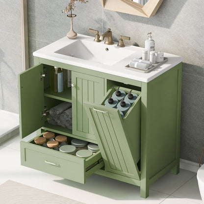 36" Bathroom Vanity with Sink, Double Door Cabinet, Large Drawer, and Flip Drawer, Green Finish