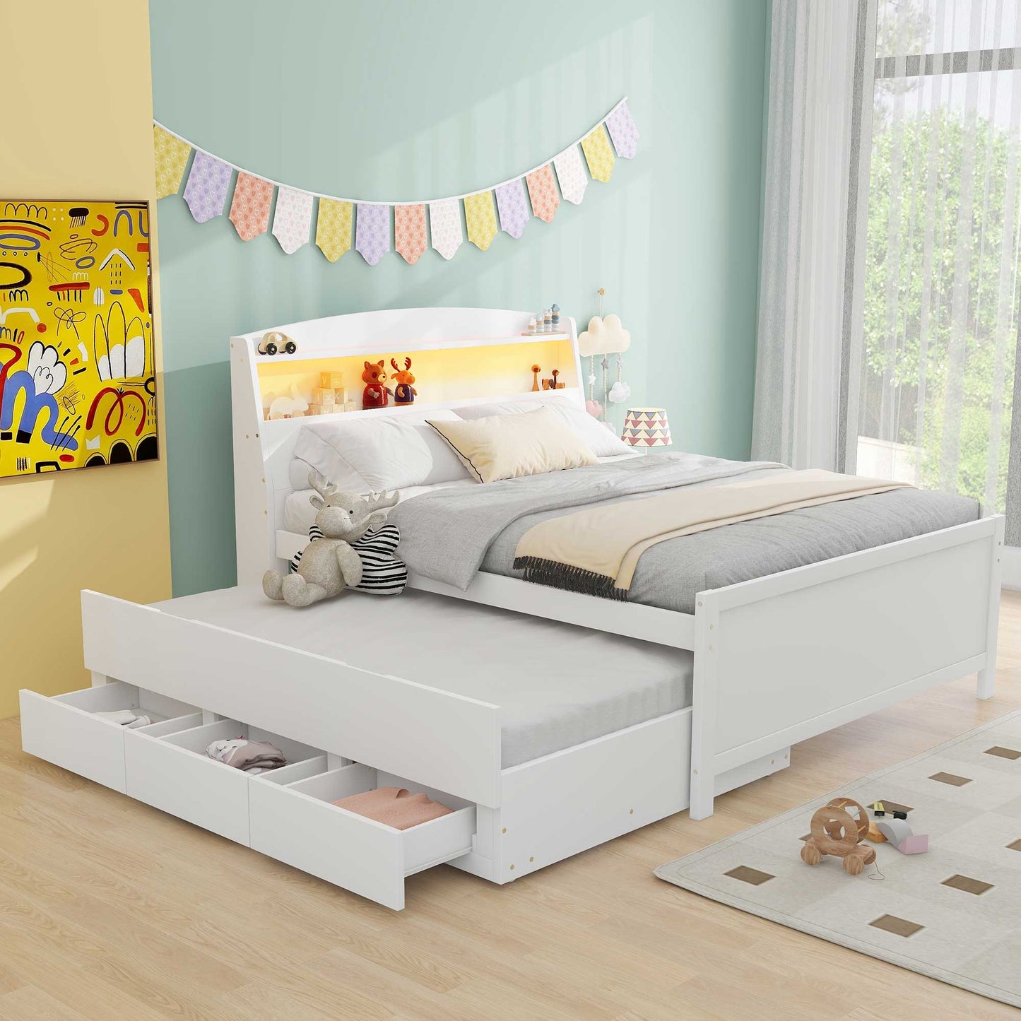 Full Size Platform Bed with Storage LED Headboard  Twin Size Trundle and 3 Drawers White