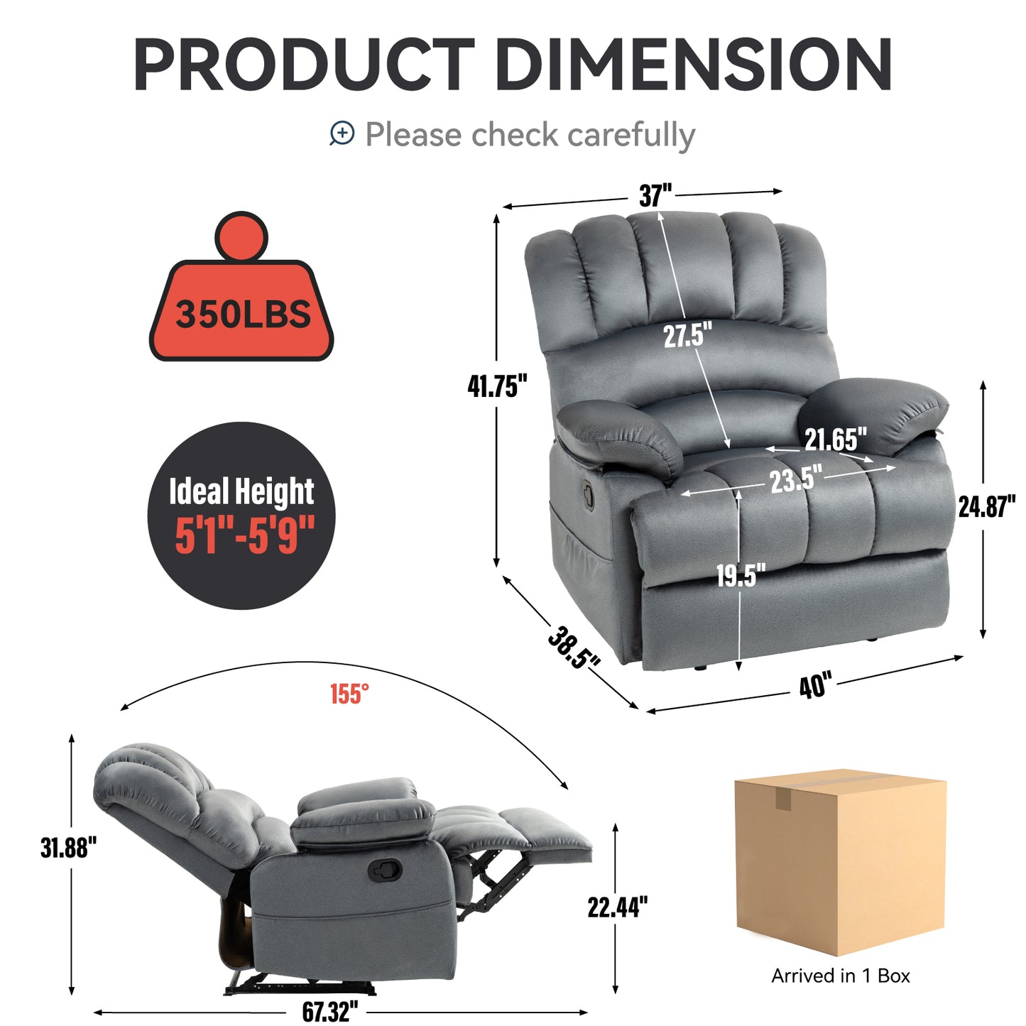 Sillón reclinable manual grande en tela, diseño cómodo para salas de estar, color gris