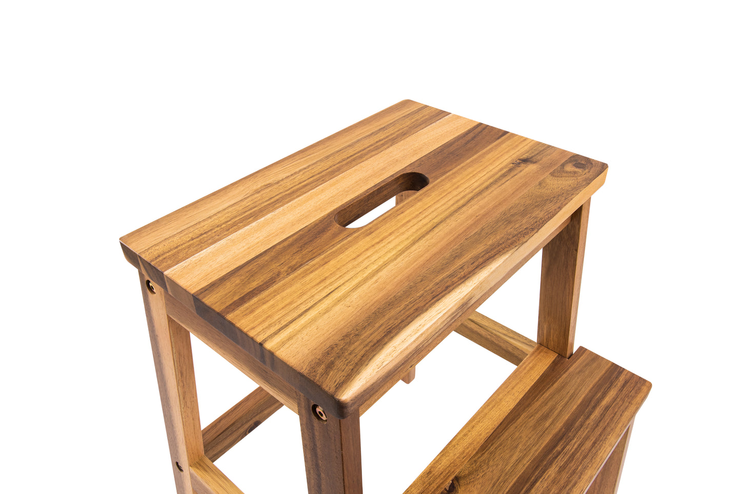 Taburete de dos escalones de madera de acacia, diseño rectangular pequeño para uso funcional