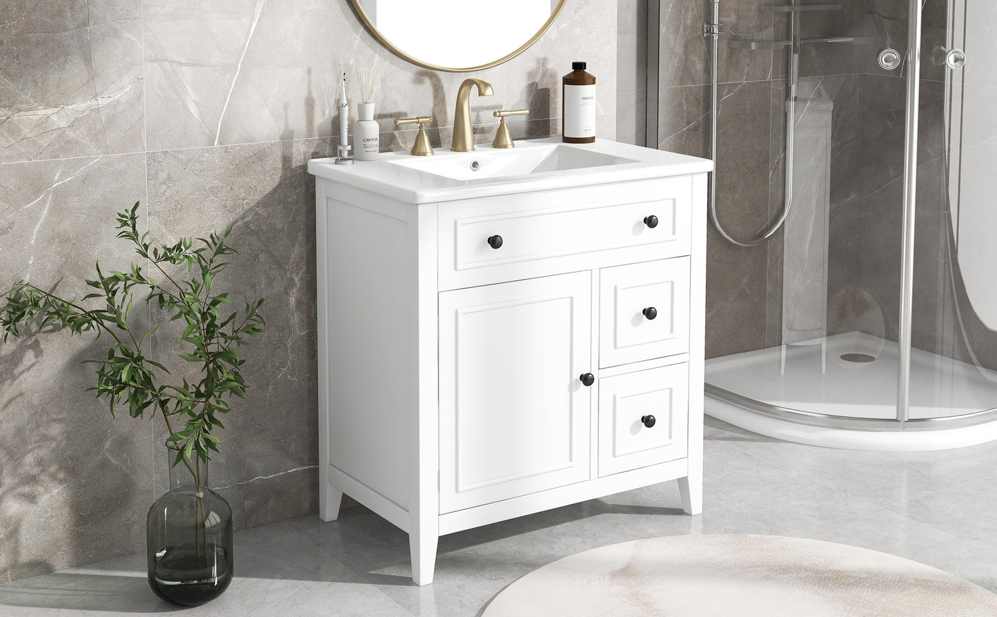 30" Bathroom Vanity with Sink Top, Solid Wood Cabinet with Door and Two Drawers, White