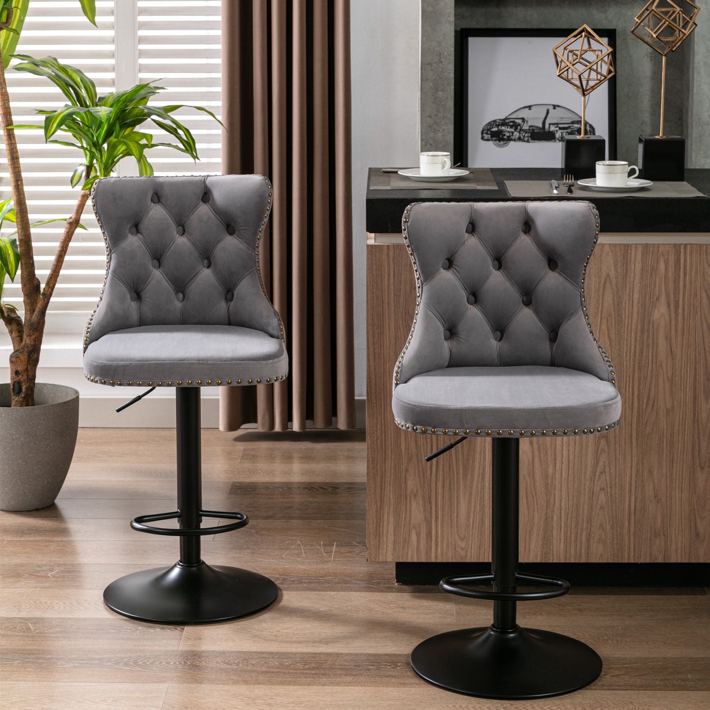 Gray,Set of 2 25-33 Inch,17.7 inch base, Modern Upholstered Bar Stools with Backs Comfortable Tufted for Home Pub and Kitchen