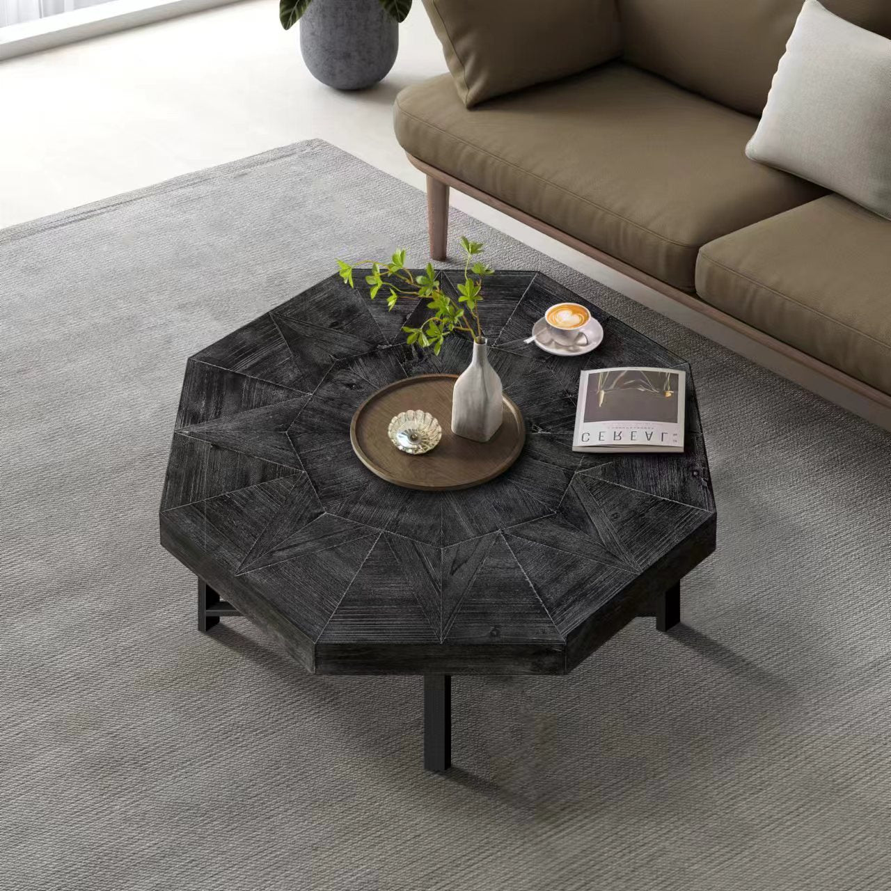 Wooden octagonal retro patchwork craft 30 inch wooden tabletop cross metal leg coffee table (Antique Black)